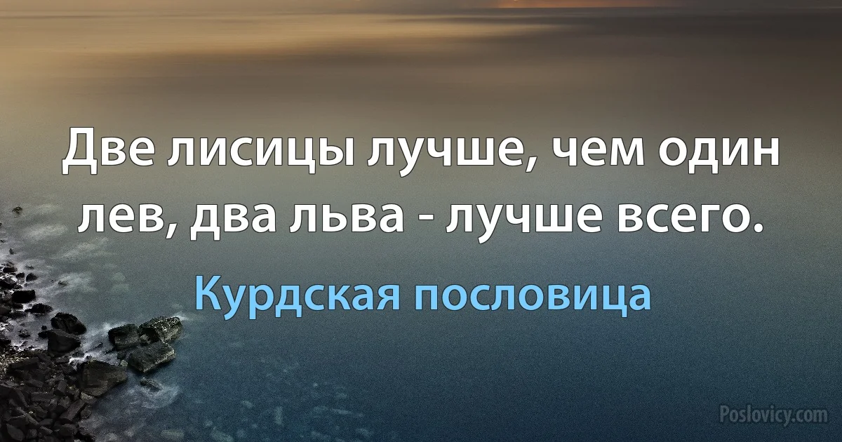 Две лисицы лучше, чем один лев, два льва - лучше всего. (Курдская пословица)