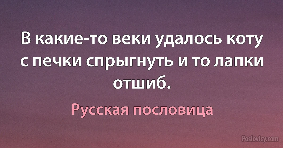 В какие-то веки удалось коту с печки спрыгнуть и то лапки отшиб. (Русская пословица)