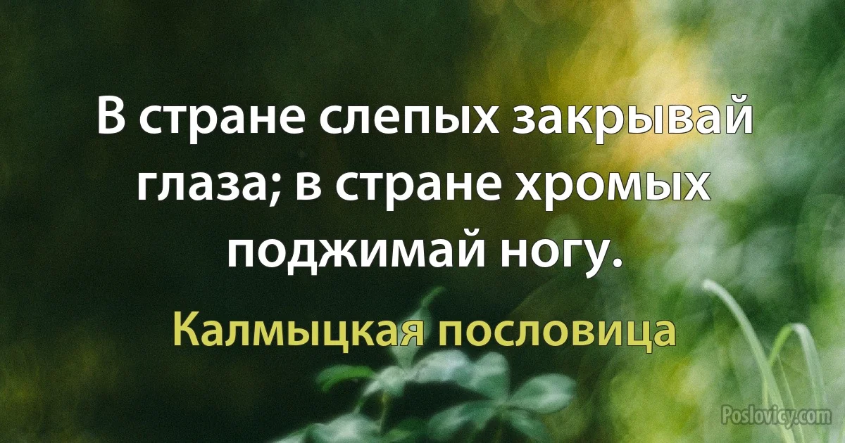 В стране слепых закрывай глаза; в стране хромых поджимай ногу. (Калмыцкая пословица)