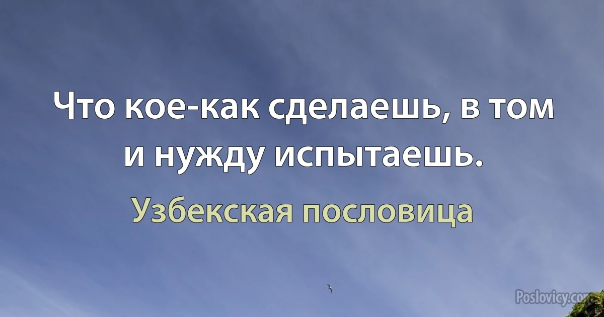 Что кое-как сделаешь, в том и нужду испытаешь. (Узбекская пословица)