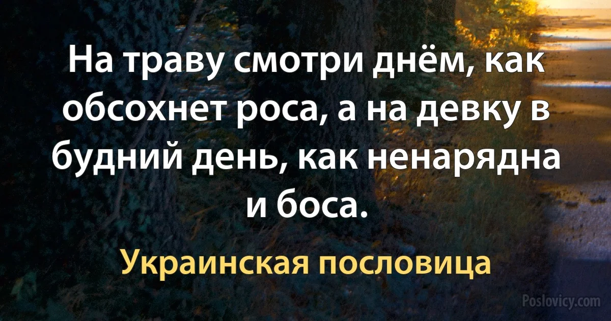 На траву смотри днём, как обсохнет роса, а на девку в будний день, как ненарядна и боса. (Украинская пословица)