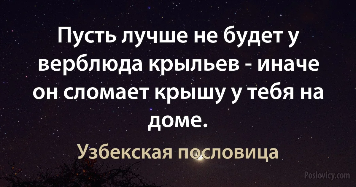 Пусть лучше не будет у верблюда крыльев - иначе он сломает крышу у тебя на доме. (Узбекская пословица)