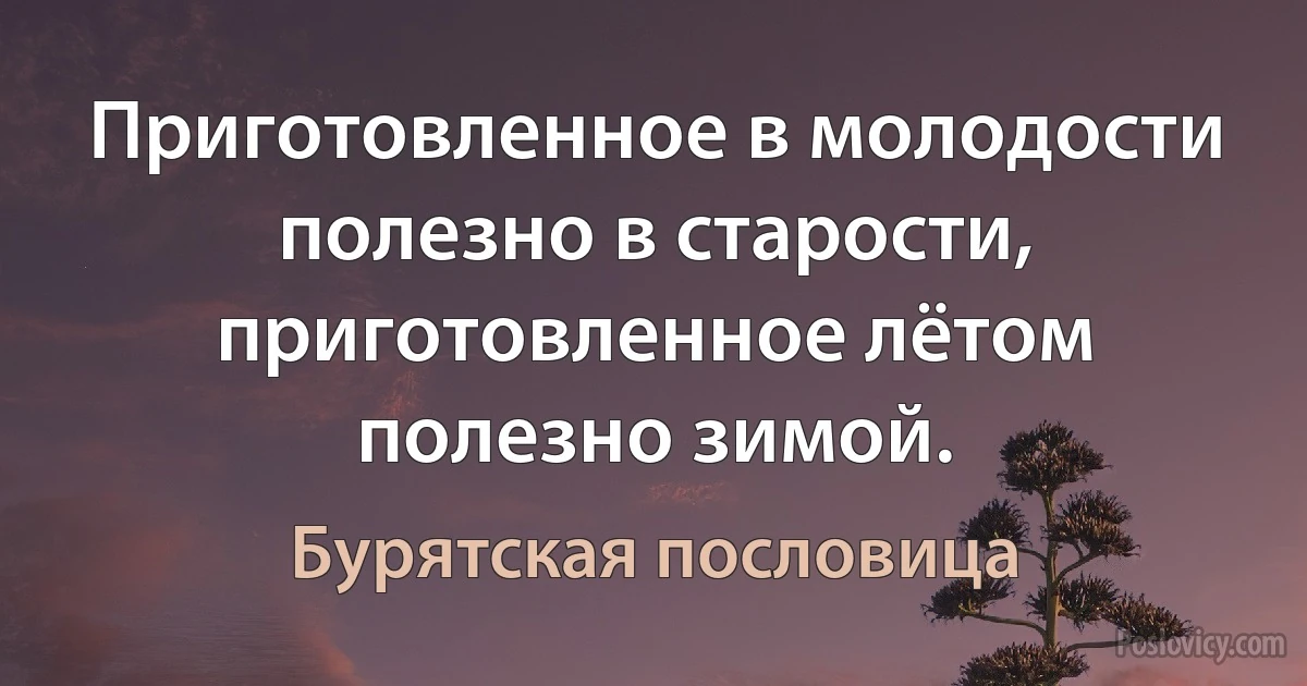 Приготовленное в молодости полезно в старости, приготовленное лётом полезно зимой. (Бурятская пословица)