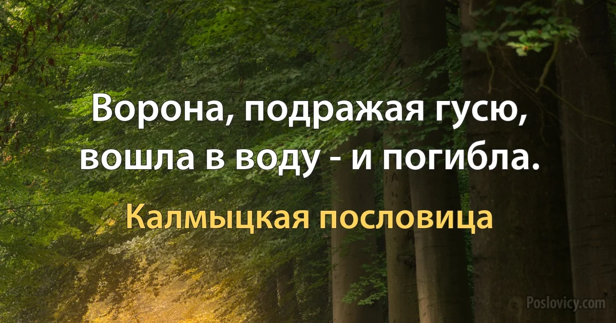 Ворона, подражая гусю, вошла в воду - и погибла. (Калмыцкая пословица)