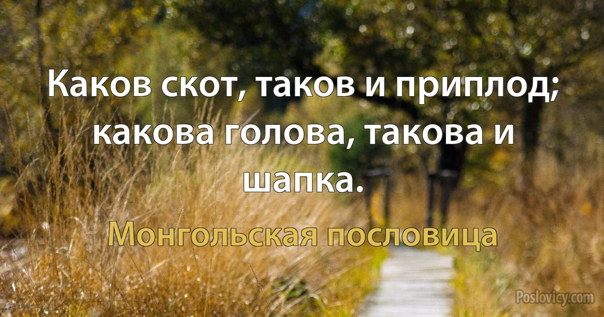 Каков скот, таков и приплод; какова голова, такова и шапка. (Монгольская пословица)