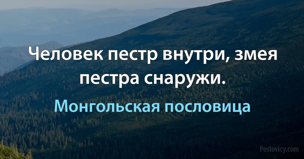 Человек пестр внутри, змея пестра снаружи. (Монгольская пословица)