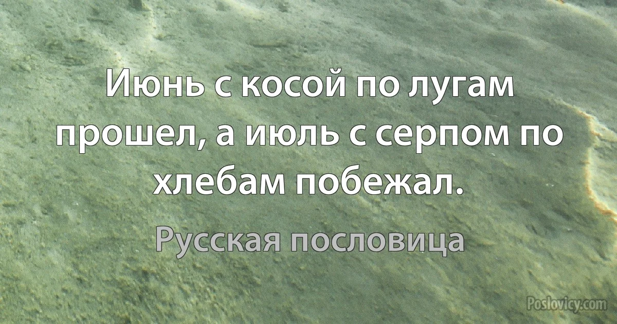 Июнь с косой по лугам прошел, а июль с серпом по хлебам побежал. (Русская пословица)