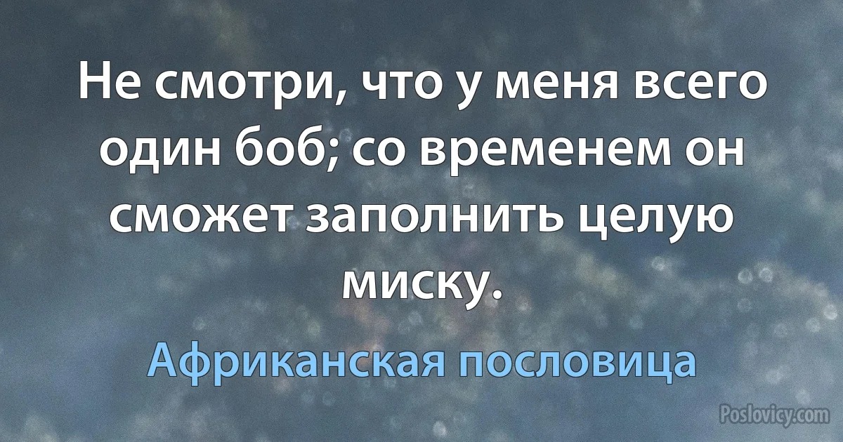 Не смотри, что у меня всего один боб; со временем он сможет заполнить целую миску. (Африканская пословица)