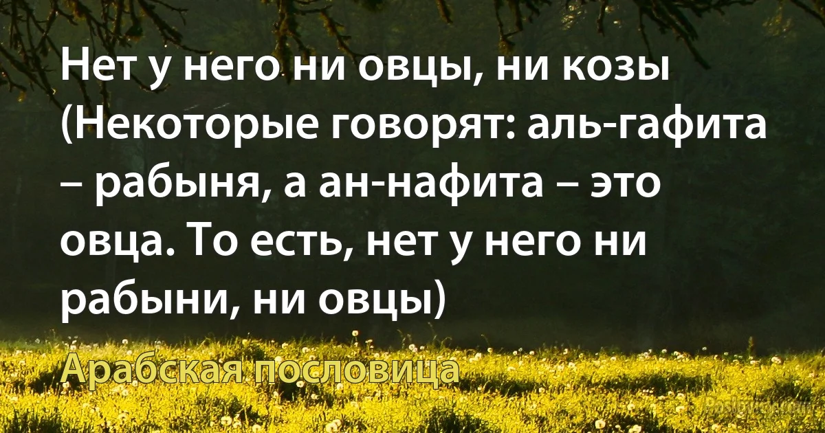 Нет у него ни овцы, ни козы (Некоторые говорят: аль-гафита – рабыня, а ан-нафита – это овца. То есть, нет у него ни рабыни, ни овцы) (Арабская пословица)