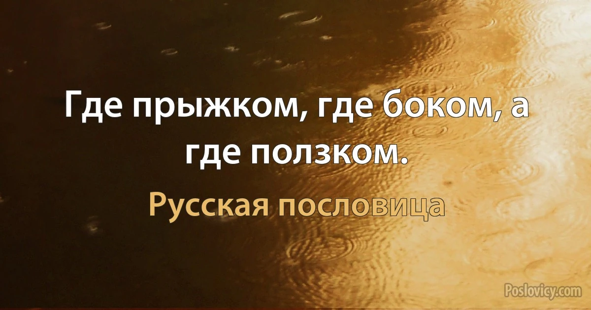 Где прыжком, где боком, а где ползком. (Русская пословица)