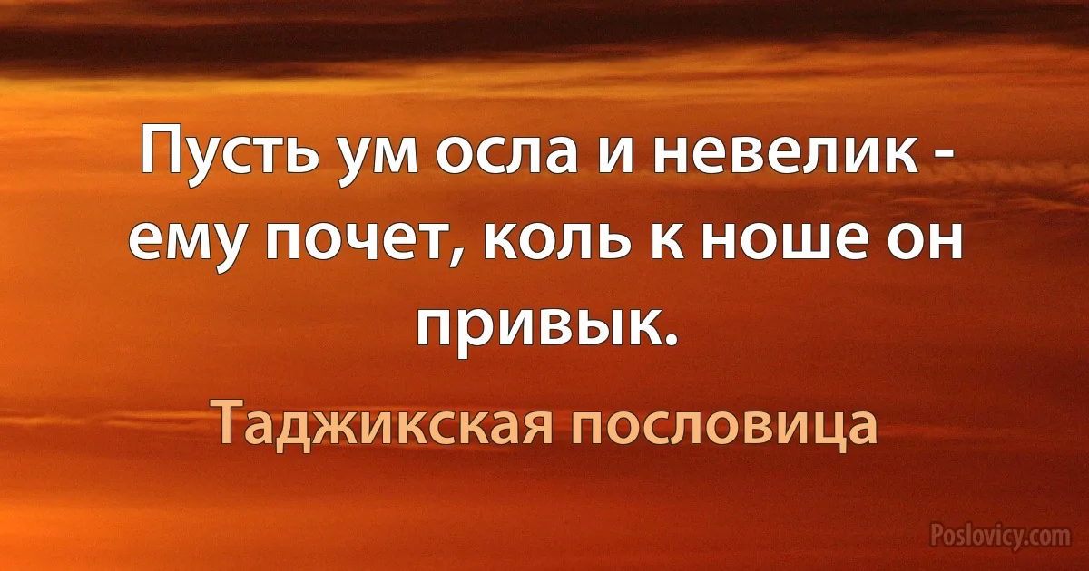 Пусть ум осла и невелик - ему почет, коль к ноше он привык. (Таджикская пословица)