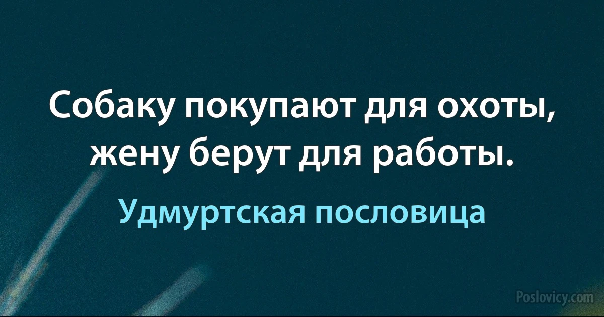 Собаку покупают для охоты, жену берут для работы. (Удмуртская пословица)