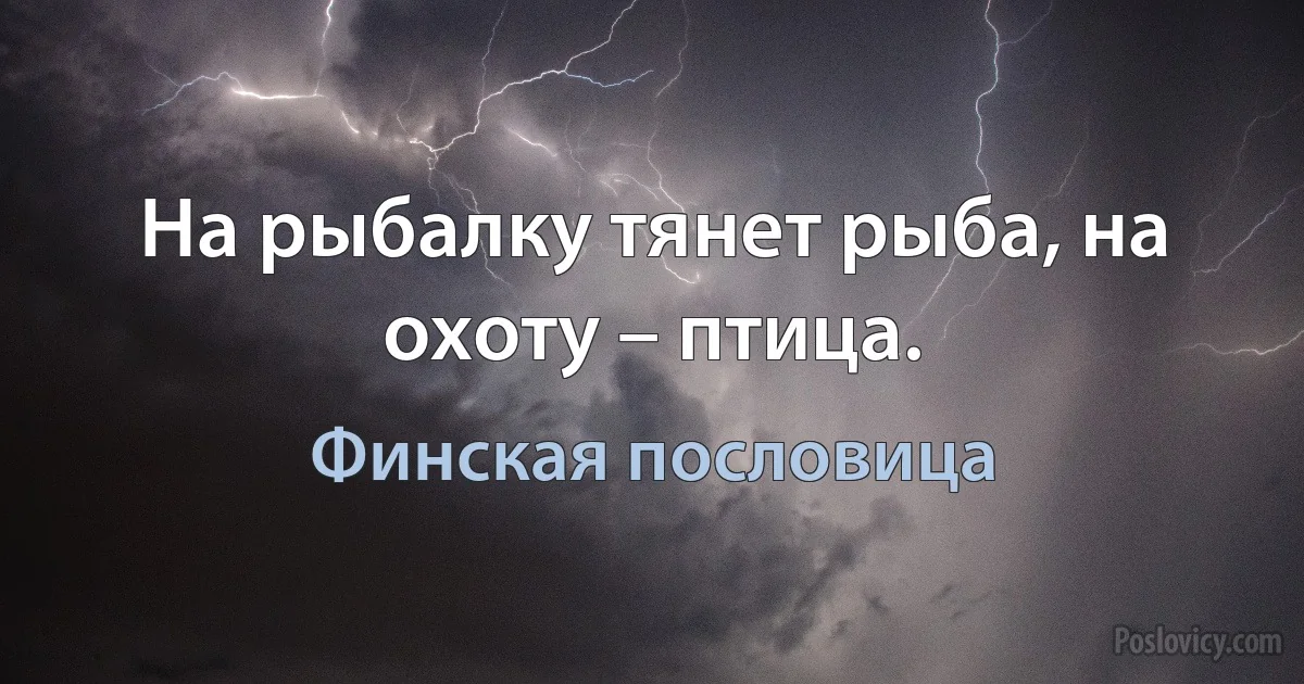 На рыбалку тянет рыба, на охоту – птица. (Финская пословица)