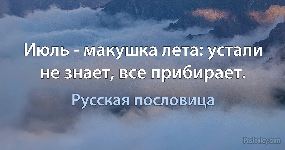 Июль - макушка лета: устали не знает, все прибирает. (Русская пословица)