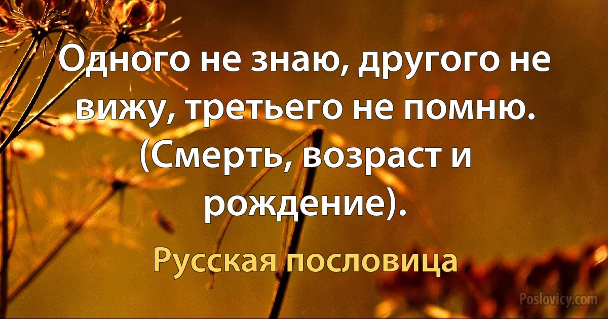 Одного не знаю, другого не вижу, третьего не помню. (Смерть, возраст и рождение). (Русская пословица)