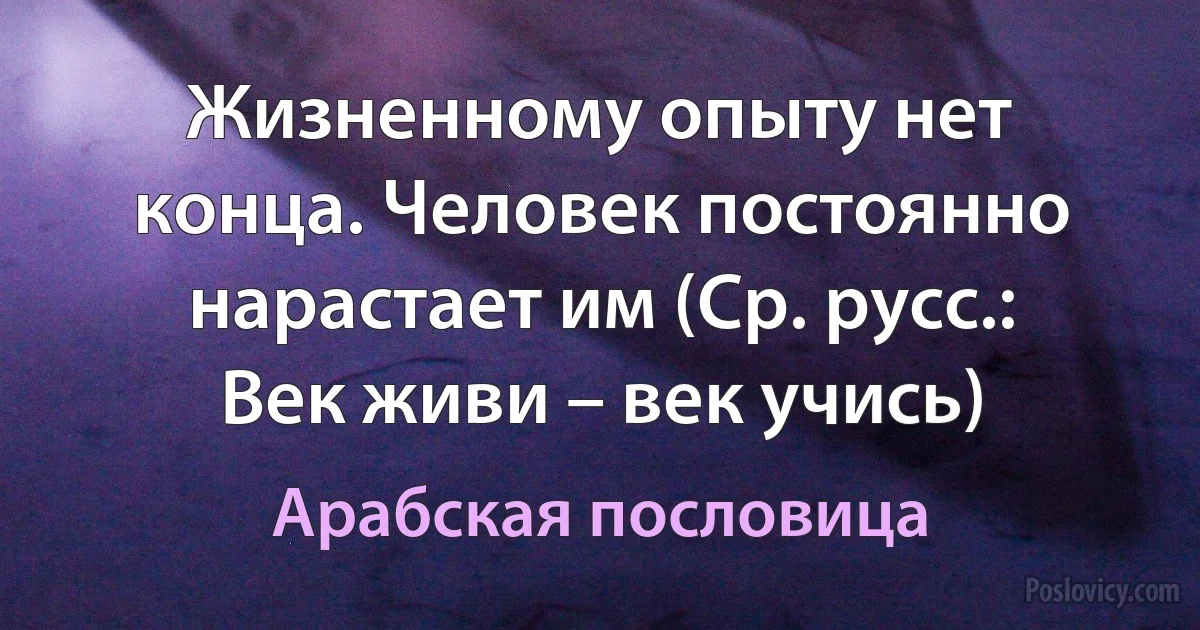 Жизненному опыту нет конца. Человек постоянно нарастает им (Ср. русс.: Век живи – век учись) (Арабская пословица)