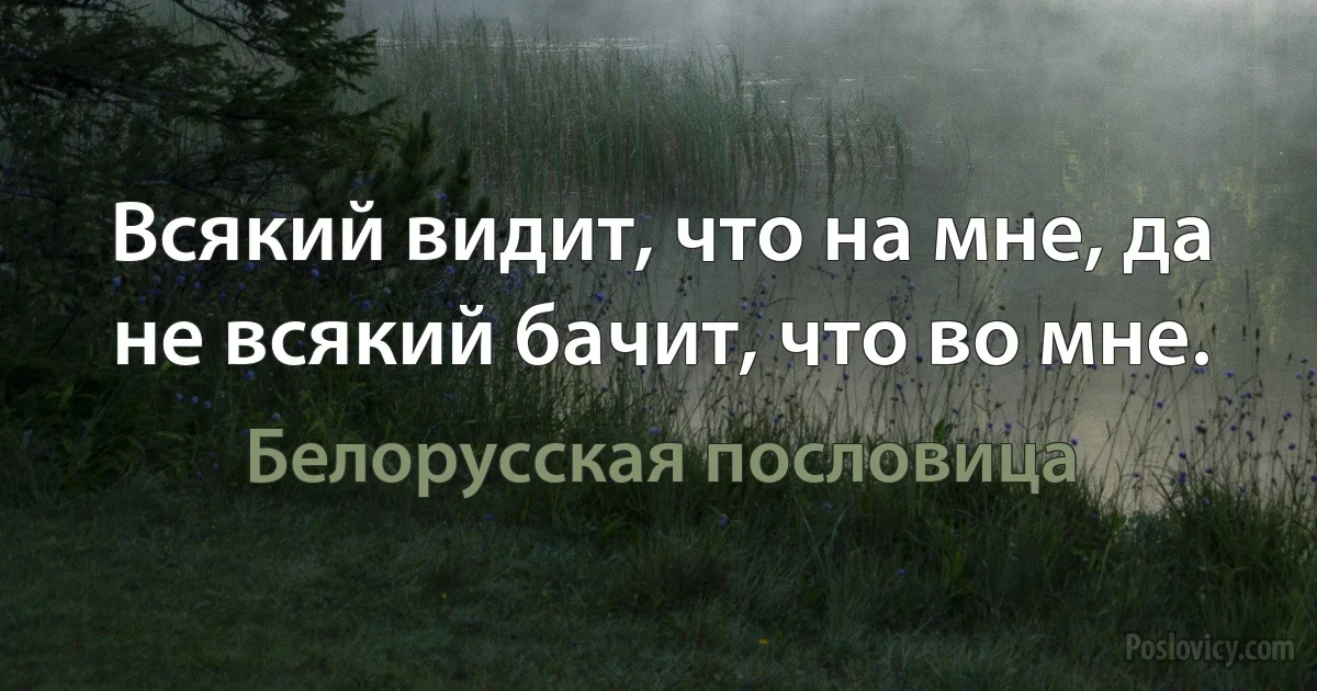 Всякий видит, что на мне, да не всякий бачит, что во мне. (Белорусская пословица)