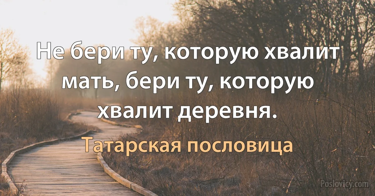 Не бери ту, которую хвалит мать, бери ту, которую хвалит деревня. (Татарская пословица)