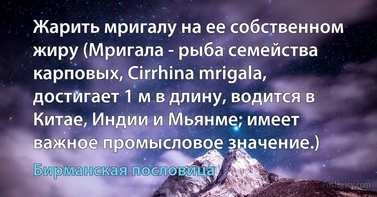 Жарить мригалу на ее собственном жиру (Мригала - рыба семейства карповых, Cirrhina mrigala, достигает 1 м в длину, водится в Китае, Индии и Мьянме; имеет важное промысловое значение.) (Бирманская пословица)