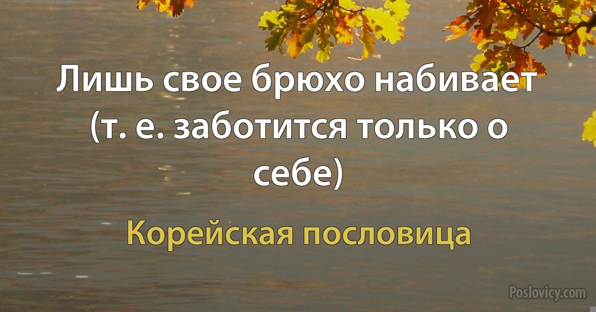 Лишь свое брюхо набивает (т. е. заботится только о себе) (Корейская пословица)