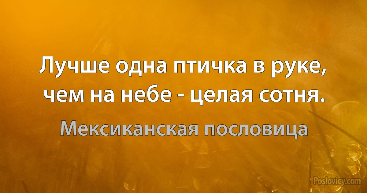 Лучше одна птичка в руке, чем на небе - целая сотня. (Мексиканская пословица)