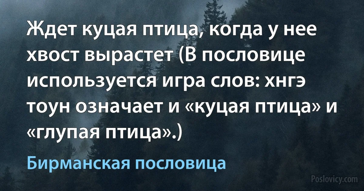 Ждет куцая птица, когда у нее хвост вырастет (В пословице используется игра слов: хнгэ тоун означает и «куцая птица» и «глупая птица».) (Бирманская пословица)