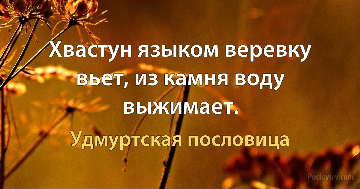 Хвастун языком веревку вьет, из камня воду выжимает. (Удмуртская пословица)