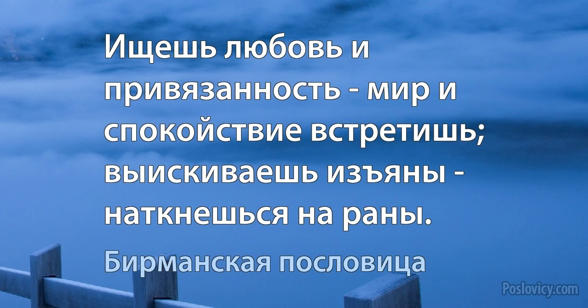 Ищешь любовь и привязанность - мир и спокойствие встретишь; выискиваешь изъяны - наткнешься на раны. (Бирманская пословица)