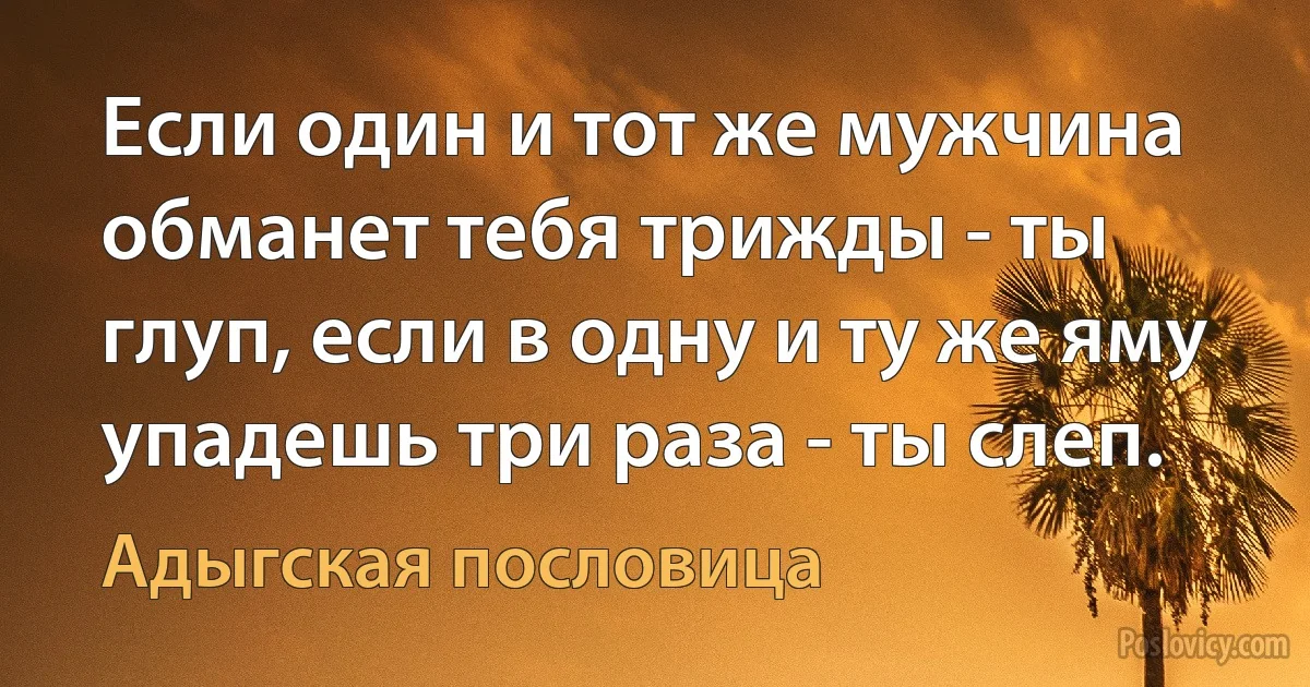 Если один и тот же мужчина обманет тебя трижды - ты глуп, если в одну и ту же яму упадешь три раза - ты слеп. (Адыгская пословица)