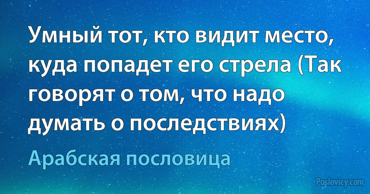 Умный тот, кто видит место, куда попадет его стрела (Так говорят о том, что надо думать о последствиях) (Арабская пословица)