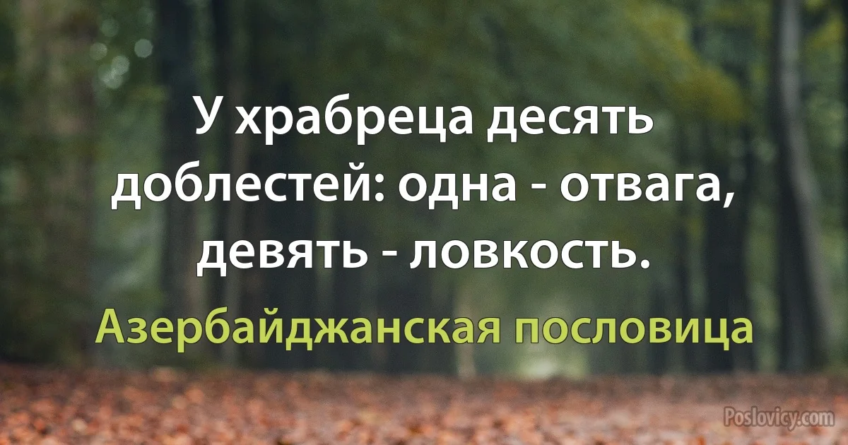 У храбреца десять доблестей: одна - отвага, девять - ловкость. (Азербайджанская пословица)