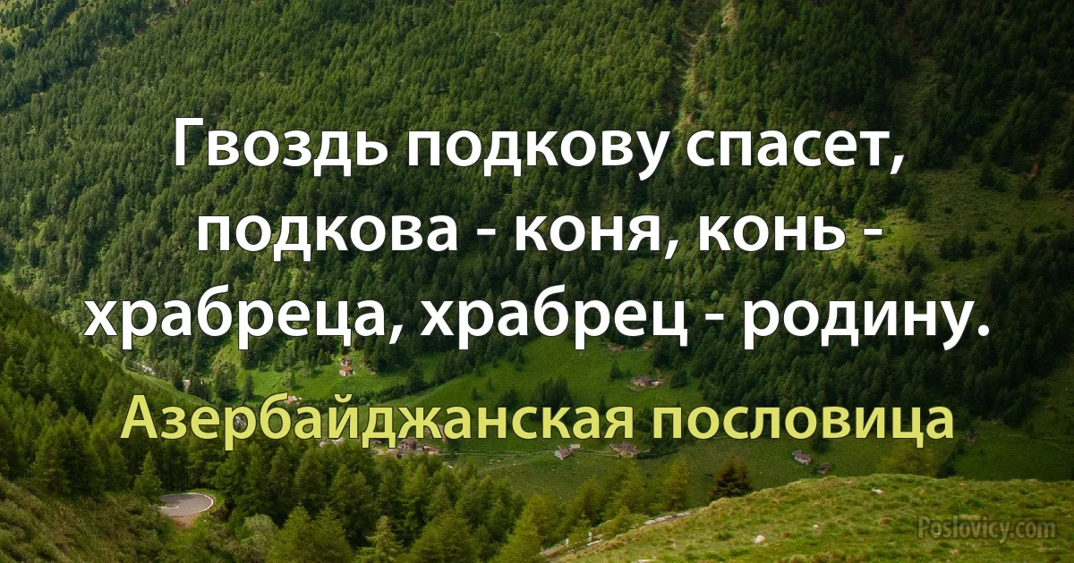 Гвоздь подкову спасет, подкова - коня, конь - храбреца, храбрец - родину. (Азербайджанская пословица)