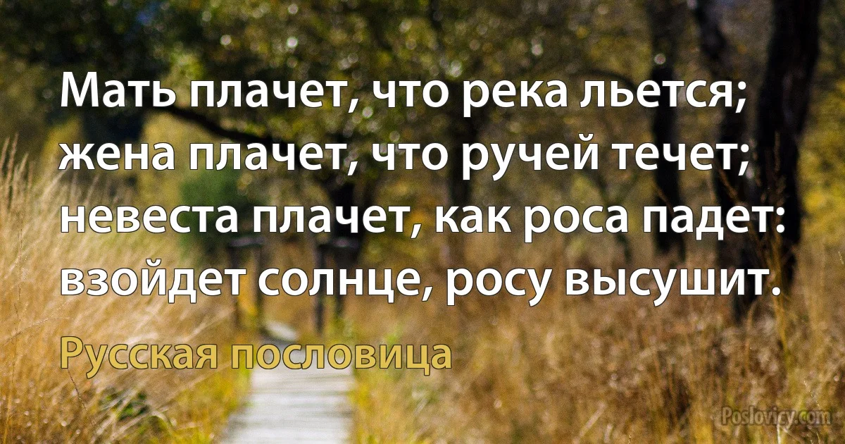 Мать плачет, что река льется; жена плачет, что ручей течет; невеста плачет, как роса падет: взойдет солнце, росу высушит. (Русская пословица)