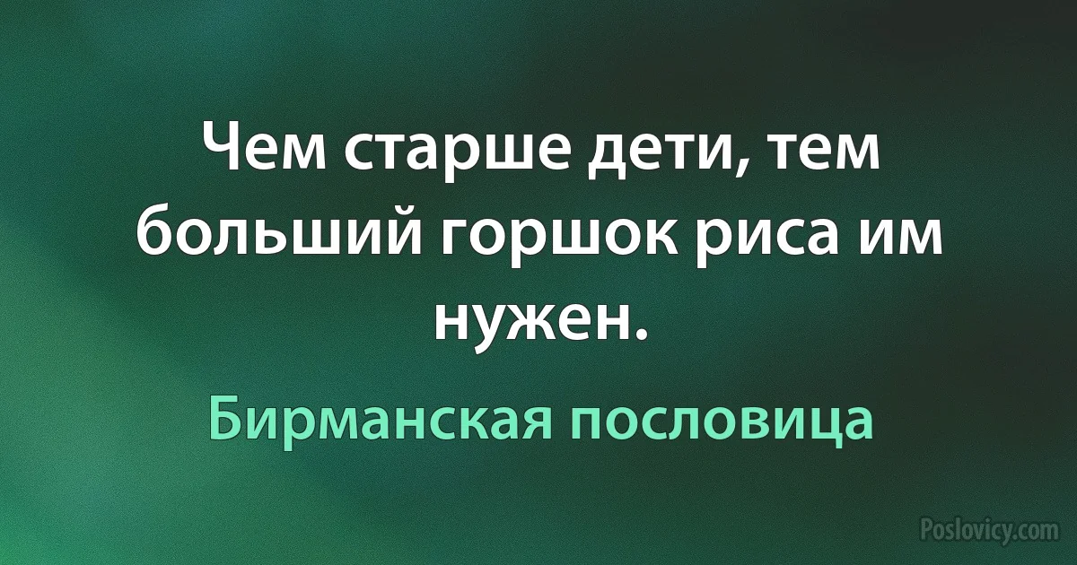 Чем старше дети, тем больший горшок риса им нужен. (Бирманская пословица)