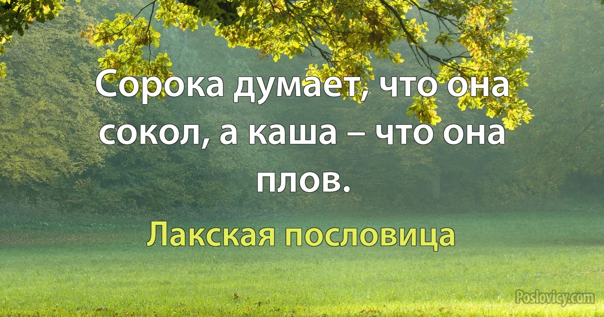 Сорока думает, что она сокол, а каша – что она плов. (Лакская пословица)