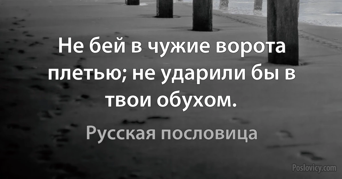 Не бей в чужие ворота плетью; не ударили бы в твои обухом. (Русская пословица)