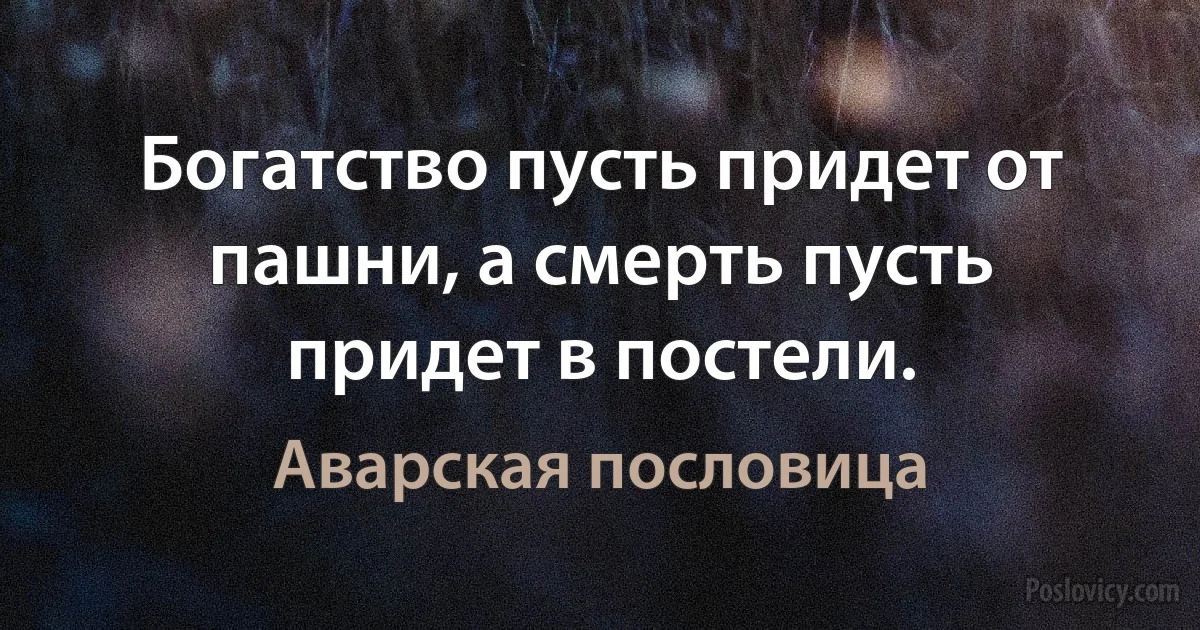 Богатство пусть придет от пашни, а смерть пусть придет в постели. (Аварская пословица)