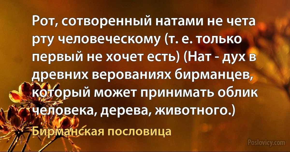 Рот, сотворенный натами не чета рту человеческому (т. е. только первый не хочет есть) (Нат - дух в древних верованиях бирманцев, который может принимать облик человека, дерева, животного.) (Бирманская пословица)