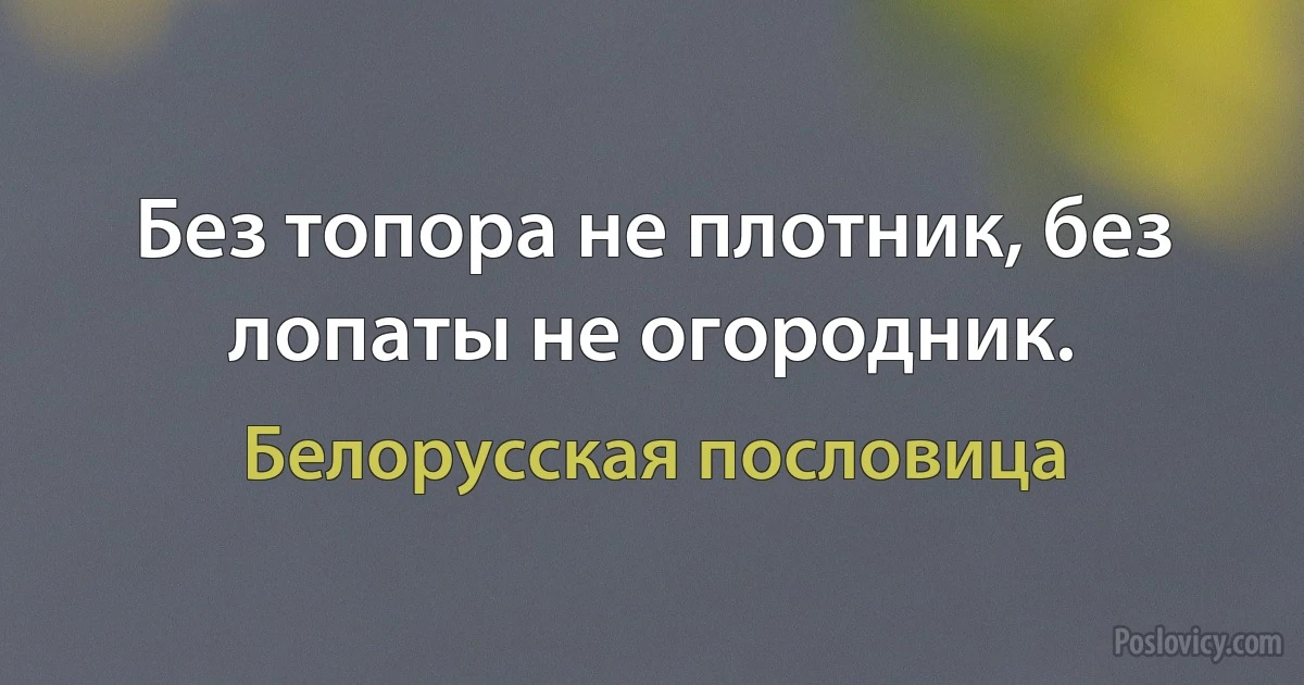 Без топора не плотник, без лопаты не огородник. (Белорусская пословица)