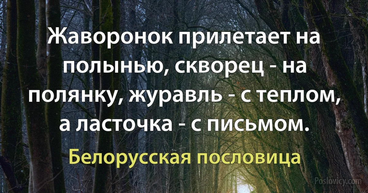 Жаворонок прилетает на полынью, скворец - на полянку, журавль - с теплом, а ласточка - с письмом. (Белорусская пословица)