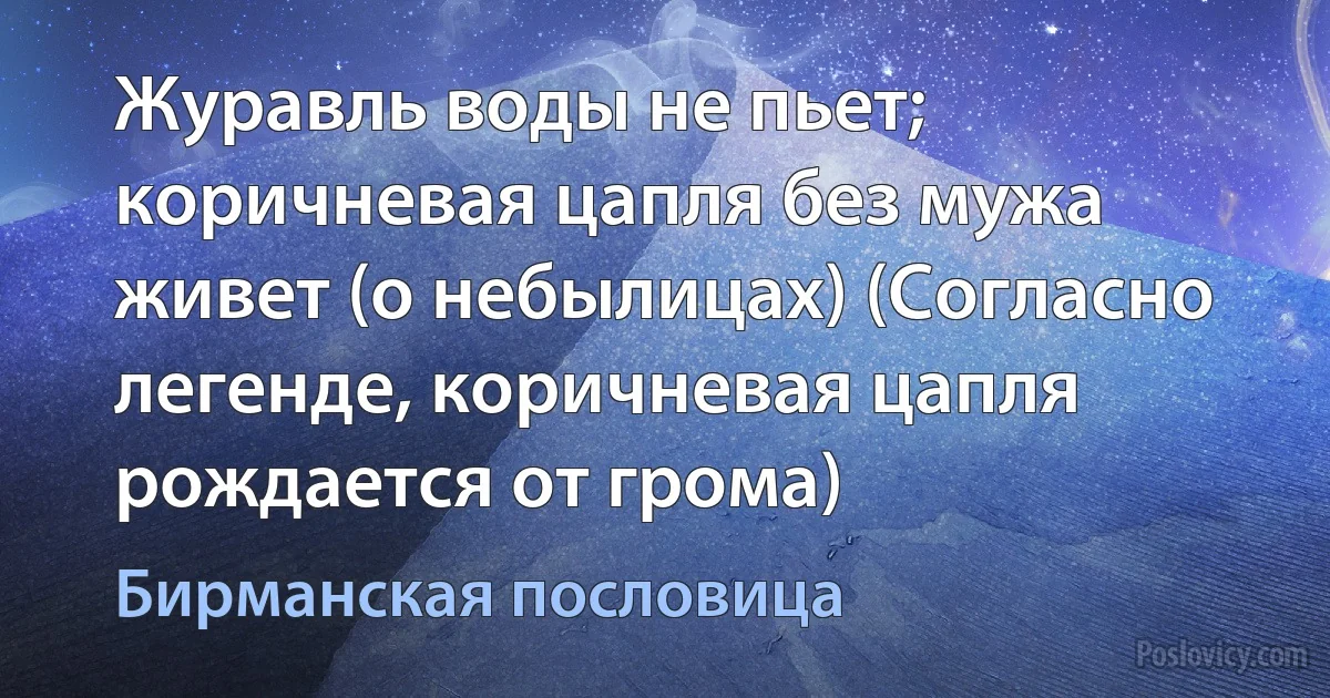 Журавль воды не пьет; коричневая цапля без мужа живет (о небылицах) (Согласно легенде, коричневая цапля рождается от грома) (Бирманская пословица)