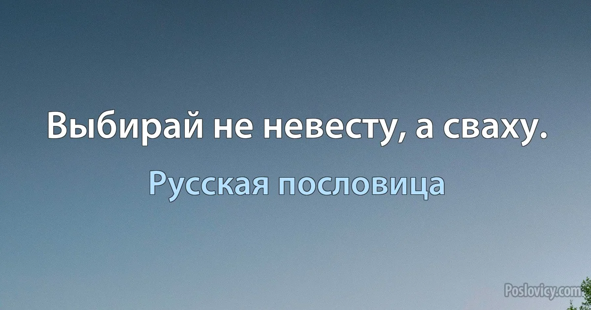 Выбирай не невесту, а сваху. (Русская пословица)