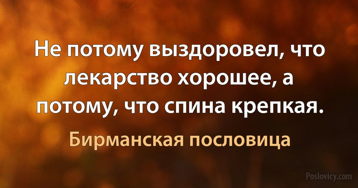 Не потому выздоровел, что лекарство хорошее, а потому, что спина крепкая. (Бирманская пословица)