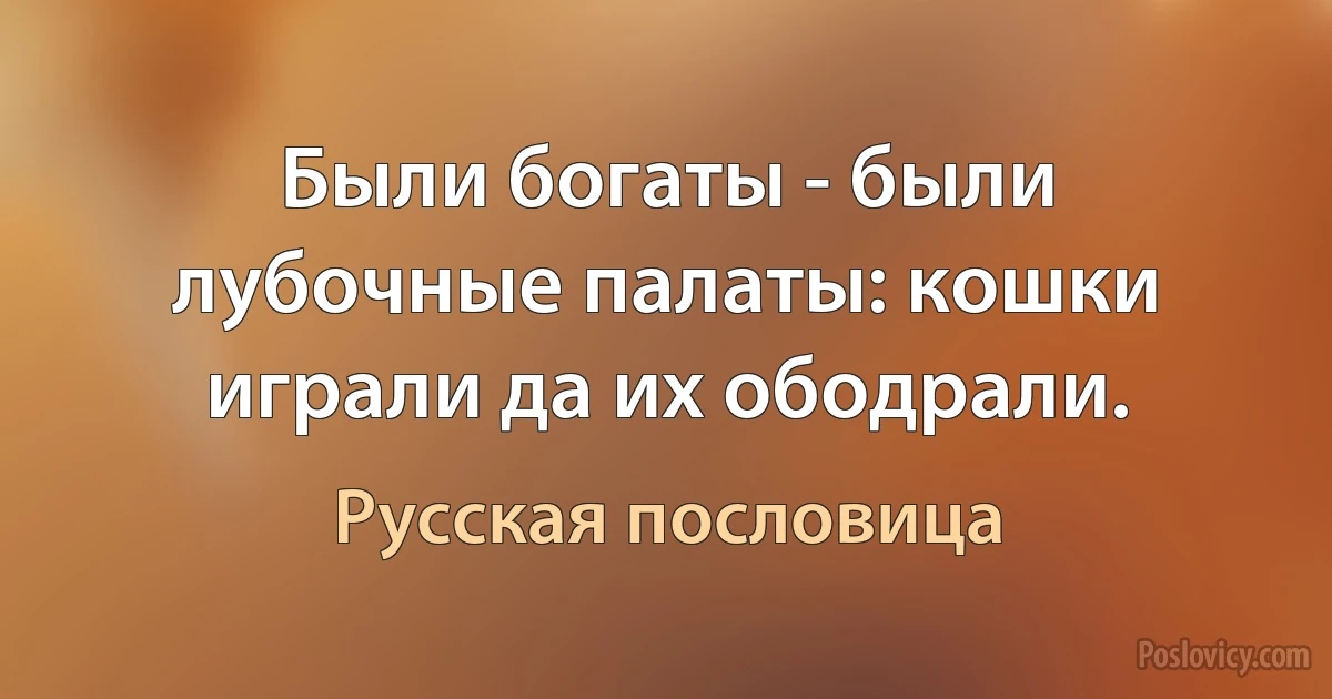 Были богаты - были лубочные палаты: кошки играли да их ободрали. (Русская пословица)