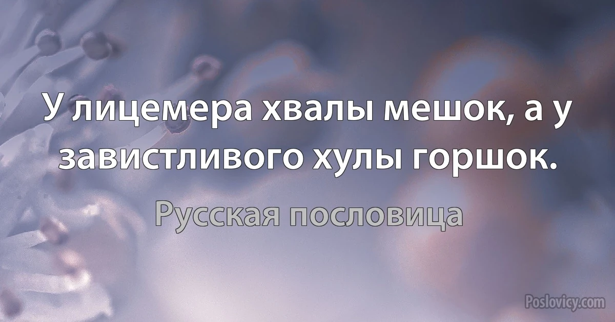 У лицемера хвалы мешок, а у завистливого хулы горшок. (Русская пословица)