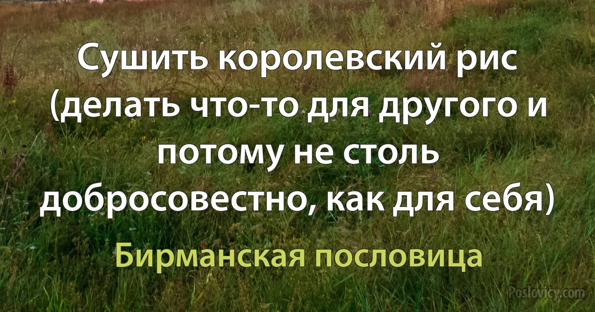 Сушить королевский рис (делать что-то для другого и потому не столь добросовестно, как для себя) (Бирманская пословица)