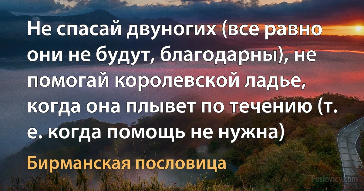 Не спасай двуногих (все равно они не будут, благодарны), не помогай королевской ладье, когда она плывет по течению (т. е. когда помощь не нужна) (Бирманская пословица)