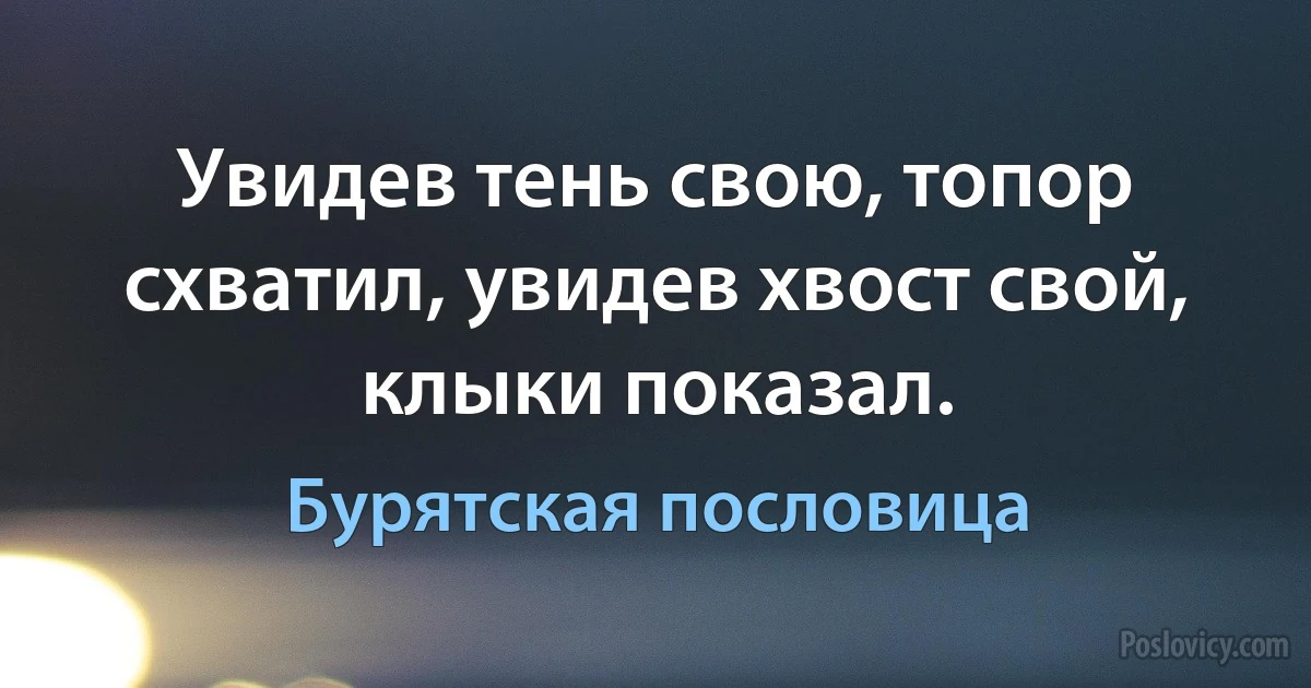 Увидев тень свою, топор схватил, увидев хвост свой, клыки показал. (Бурятская пословица)