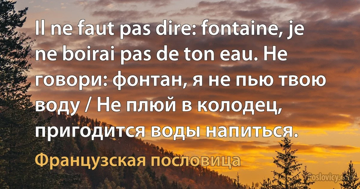 Il ne faut pas dire: fontaine, je ne boirai pas de ton eau. Не говори: фонтан, я не пью твою воду / Не плюй в колодец, пригодится воды напиться. (Французская пословица)