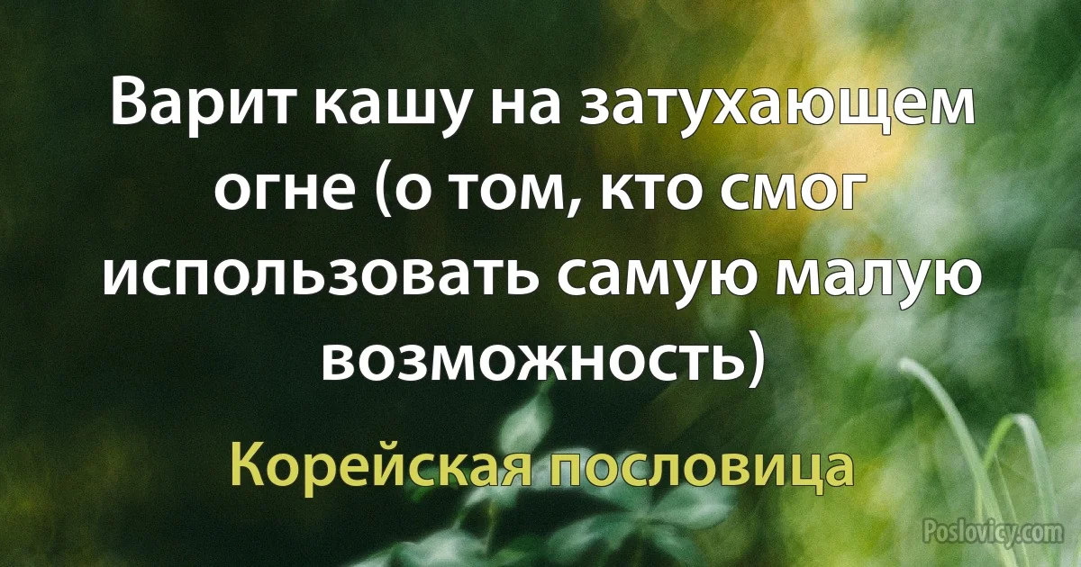 Варит кашу на затухающем огне (о том, кто смог использовать самую малую возможность) (Корейская пословица)